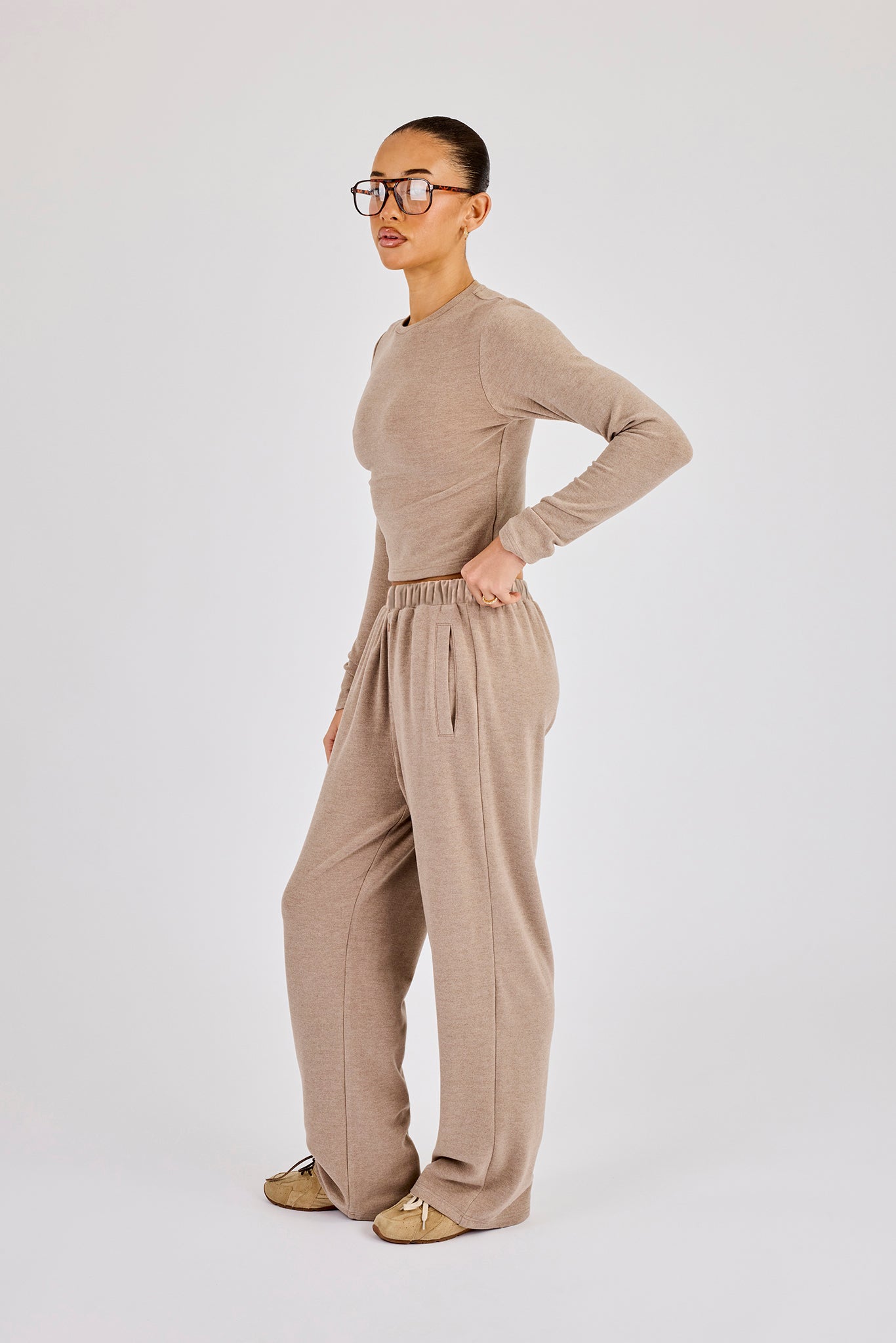 Peached Soft Touch Long Sleeve Top & Trouser - Taupe